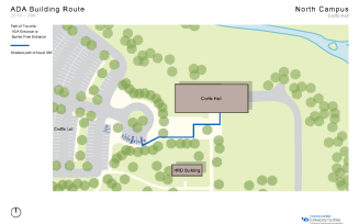 Zoom image: Map showing the shortest path to barrier-free entrances in Crofts from accessible parking spaces.