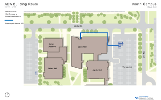 Zoom image: Map showing the shortest path to barrier-free entrances in Davis from accessible parking spaces.