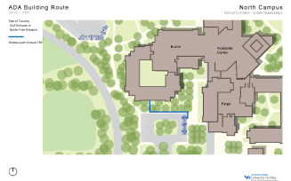 Zoom image: Map showing the shortest path to barrier-free entrances in Ellicott-Evans from accessible parking spaces.