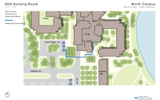 Zoom image: Map showing the shortest path to barrier-free entrances in Ellicott-Fargo from accessible parking spaces.