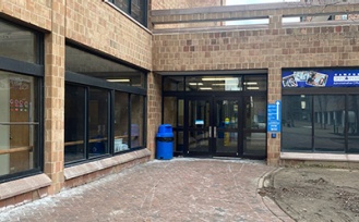 Sidewalk leading to the barrier-free entrance in the Fargo Quadrangle. 