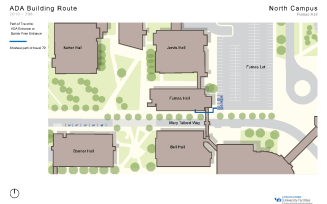 Zoom image: Map showing the shortest path to barrier-free entrances in Furnas from accessible parking spaces.
