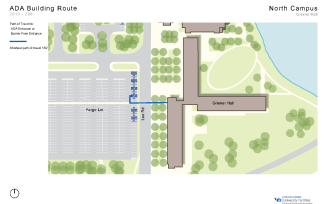 Zoom image: Map showing the shortest path to barrier-free entrances in Greiner from accessible parking spaces.