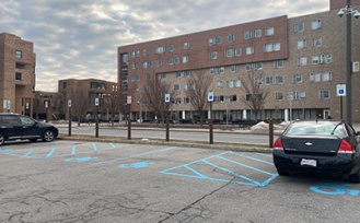 Accessible parking for Greiner Hall in the Fargo parking lot. 