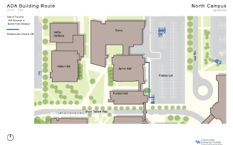 Zoom image: Map showing the shortest path to barrier-free entrances in Jarvis from accessible parking spaces.