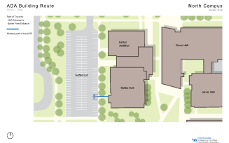 Zoom image: Map showing the shortest path to barrier-free entrances in Jarvis from accessible parking spaces.