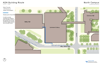 Zoom image: Map showing the shortest path to barrier-free entrances in Lockwood from accessible parking spaces.