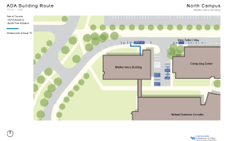 Zoom image: Map showing the shortest path to barrier-free entrances in Mathematics from accessible parking spaces.