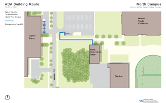 Zoom image: Map showing the shortest path to barrier-free entrances in Morris from accessible parking spaces.