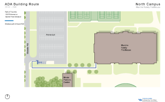 Zoom image: Map showing the shortest path to barrier-free entrances in Murchie Field House from accessible parking spaces.