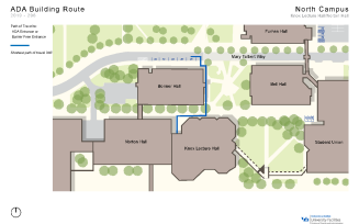 Zoom image: Map showing the shortest path to barrier-free entrances in Norton Hall from accessible parking spaces.