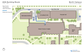 Zoom image: Map showing the shortest path to barrier-free entrances in Natural Sciences Complex from accessible parking spaces.