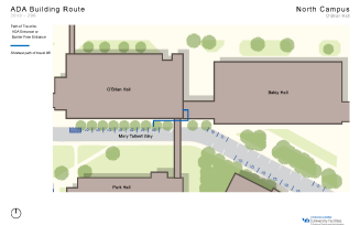 Zoom image: Map showing the shortest path to barrier-free entrances in O'Brian from accessible parking spaces.