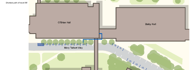 Map showing the shortest path to barrier-free entrances in O'Brian from accessible parking spaces. 