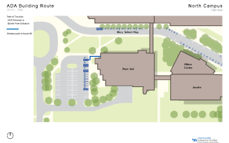 Zoom image: Map showing the shortest path to barrier-free entrances in Park from accessible parking spaces.