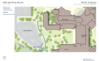 Zoom image: Map showing the shortest path to barrier-free entrances in Ellicott-Red Jacket from accessible parking spaces.