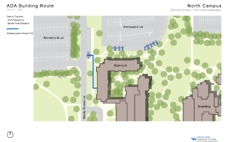 Zoom image: Map showing the shortest path to barrier-free entrances in Ellicott-Richmond from accessible parking spaces.