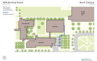 Zoom image: Map showing the shortest path to barrier-free entrances in Slee from accessible parking spaces.