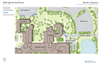 Zoom image: Map showing the shortest path to barrier-free entrances in Ellicott-Spaulding from accessible parking spaces.