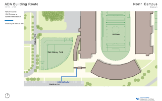 Zoom image: Map showing the shortest path to barrier-free entrances in Stadium from accessible parking spaces.