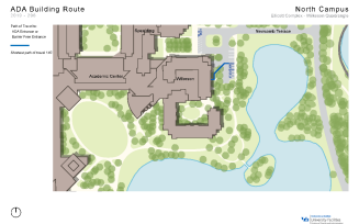 Zoom image: Map showing the shortest paths to barrier-free entrances in Ellicott-Wilkeson from accessible parking spaces.
