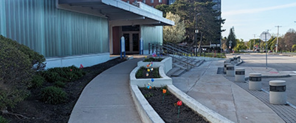 Sidewalk leading to the barrier-free entrance in the Childcare Center. 