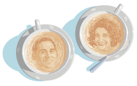 An illustration of Jody K. Biehl and Michael Stefanone in coffee cups. 
