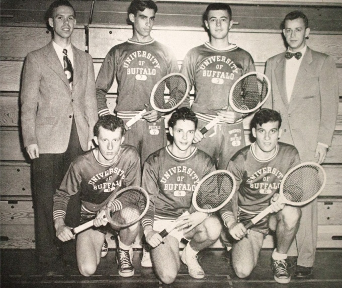 Zoom image: 1st Row: R. Riley, R. McClure, R. Scamurra. 2nd Row: W. Castle, J. DiCarlo, W. Kullman, Coach W. Sanford. 