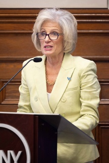 Caroline Attardo Genco delivers remarks following the appointment as UB's 16th president. 