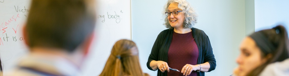 Teacher standing in front of a class teaching. 