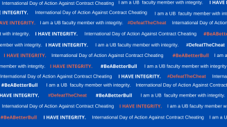 Blue zoom background with the phrases like "I have integrity" and "#BeABetterBull" on them. 