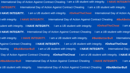 Blue zoom background with the phrases like "I have integrity" and "#BeABetterBull" on them. 