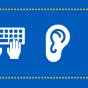 Icons of an eye, a keyboard with hands typing, an ear, the international wheelchair symbol, and a brain. 