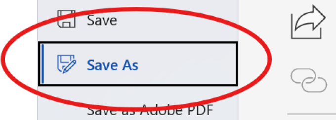 File menu selected in Microsoft Word. There is a red circle surrounding the option "Save As" indicating to select this option. 