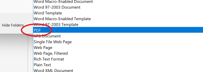 Save as type dropdown box selected in Microsoft Word on Windows. There is a red circle surrounding "PDF" indicating to select this choice. 