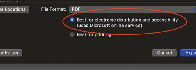 Export menu on a Mac. A red circle surrounds "Best for electronic distribution and accessibility" indicating to select this option. 