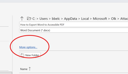 In the "Save As" dialog within MIcrosoft Word on Windows. There is a red circle surrounding "More Options" indictating to select this choice. 
