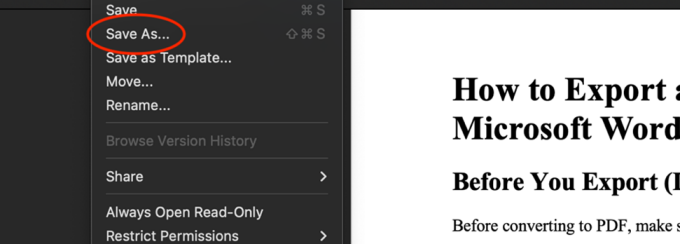 File menu dropdown selected in Microsoft Word on a Mac computer. There is a red circle surrounding "Save As" indicating to select this option. 