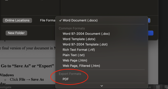 File Format dropdown box in Microsoft Word on a Mac. There is a red circle surrounding the option "PDF" indicating to make this choice. 