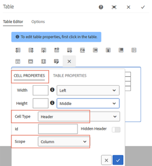 Screenshot of the table component in the UBCMS showing where to assign the cell type of header and the scope of column. 