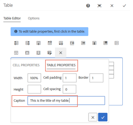 Screenshot of the table component in the UBCMS showing where to include table caption. 