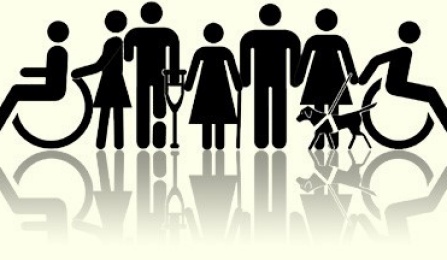 Stick figures of a variety of individuals, including people using wheelchairs and with service animals. 