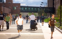 Students walking through UB's North Campus. 