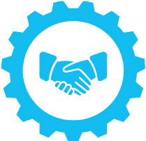 An icon of a handshake within a gear. 