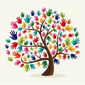 tree made of multi colored hand prints. 
