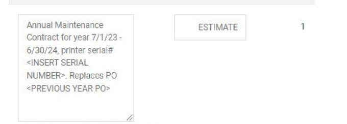 Zoom image: ShopBlue required item description for annual copier maintenance order.