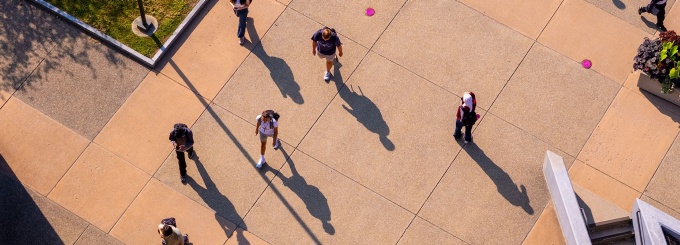 Aerial view of students walking in Grace Plaza. 