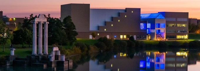 Aerial photo of north campus from Lake Lasalle with Baird Point and the CFA. 