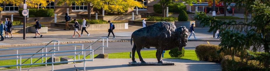 North campus aerial photo with bronze buffalo in the foreground. 