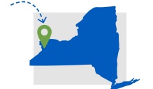 Map of New York State and surrounding areas showing the location of Buffalo in relation to other major cities. 